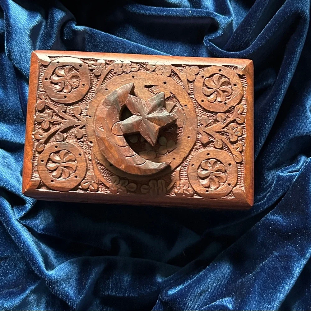 Handcarved Wooden Box with Star and‎ Moon Relief Design